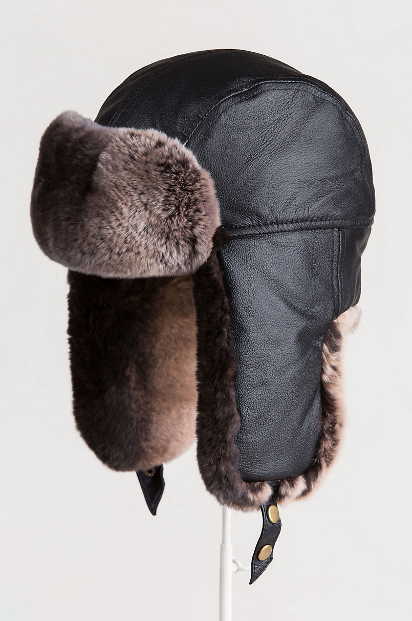 Lambskin Leather Trapper Hat with Two-Tone Rex Rabbit Fur Trim