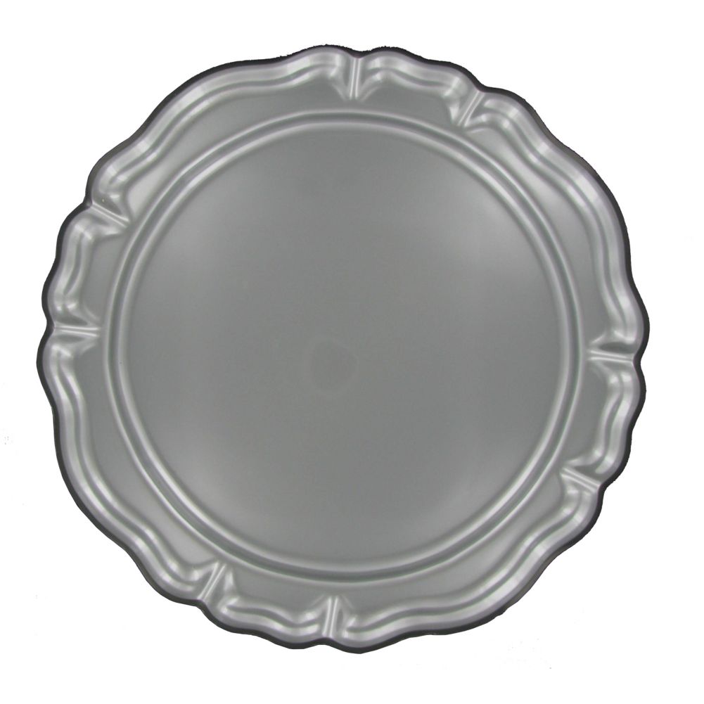   Tray. This acrylic tray is pewter in color and is 15 inches round