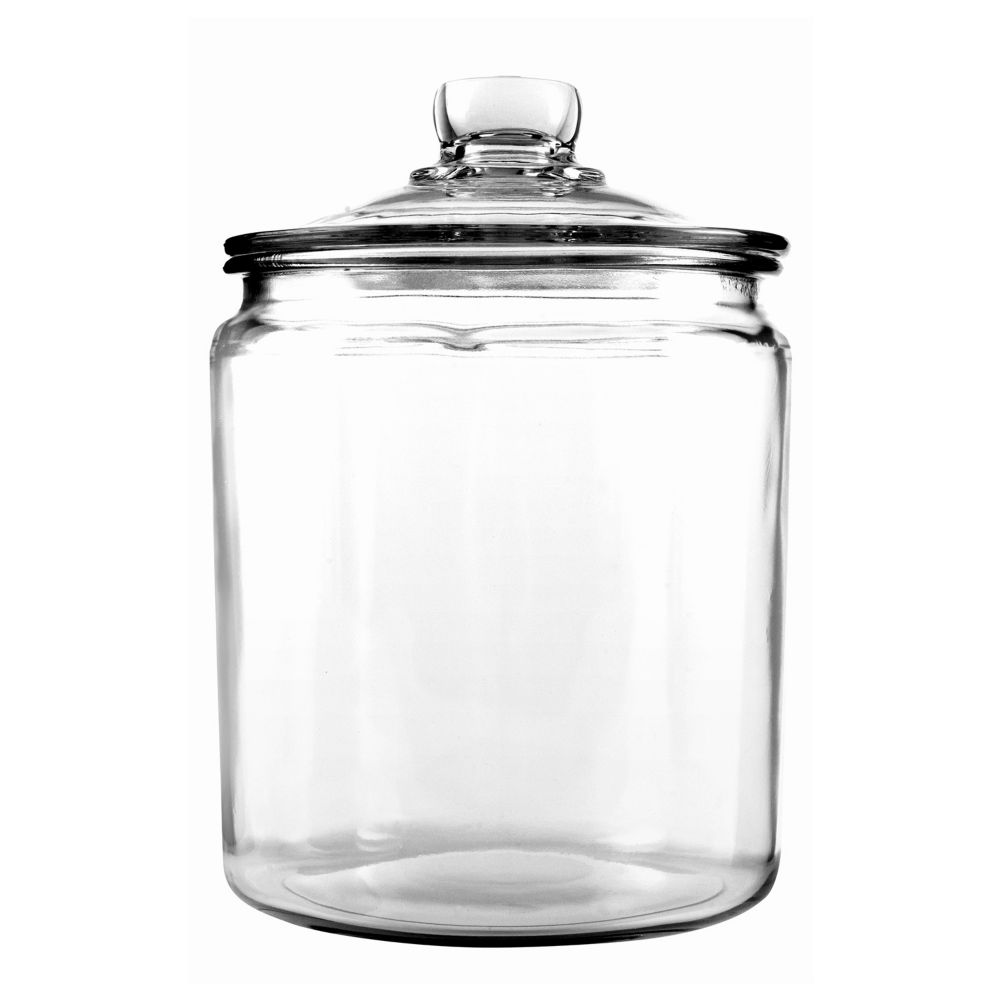 This 1 gallon glass jar comes with a matching cover and is good for 