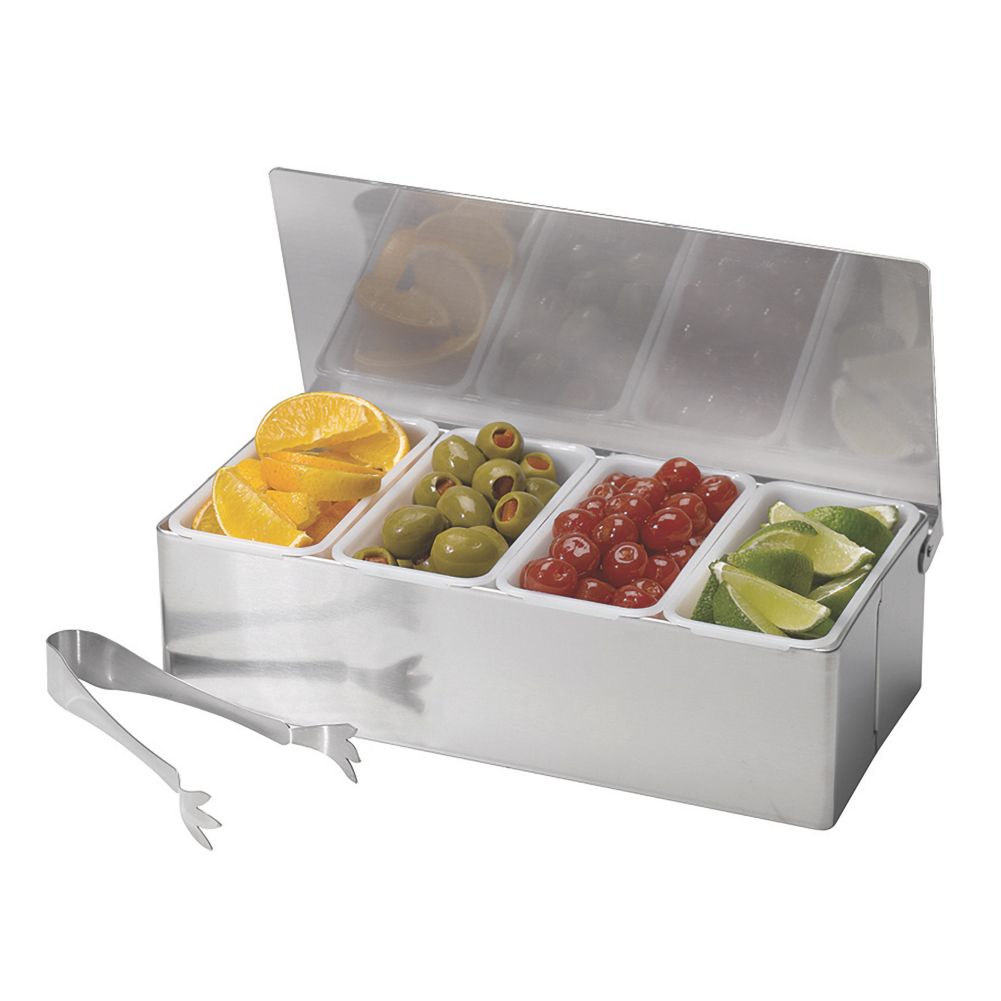 TableCraft H1604 S/S 4 Compartment Bar Caddy Set with Tongs Wasserstrom