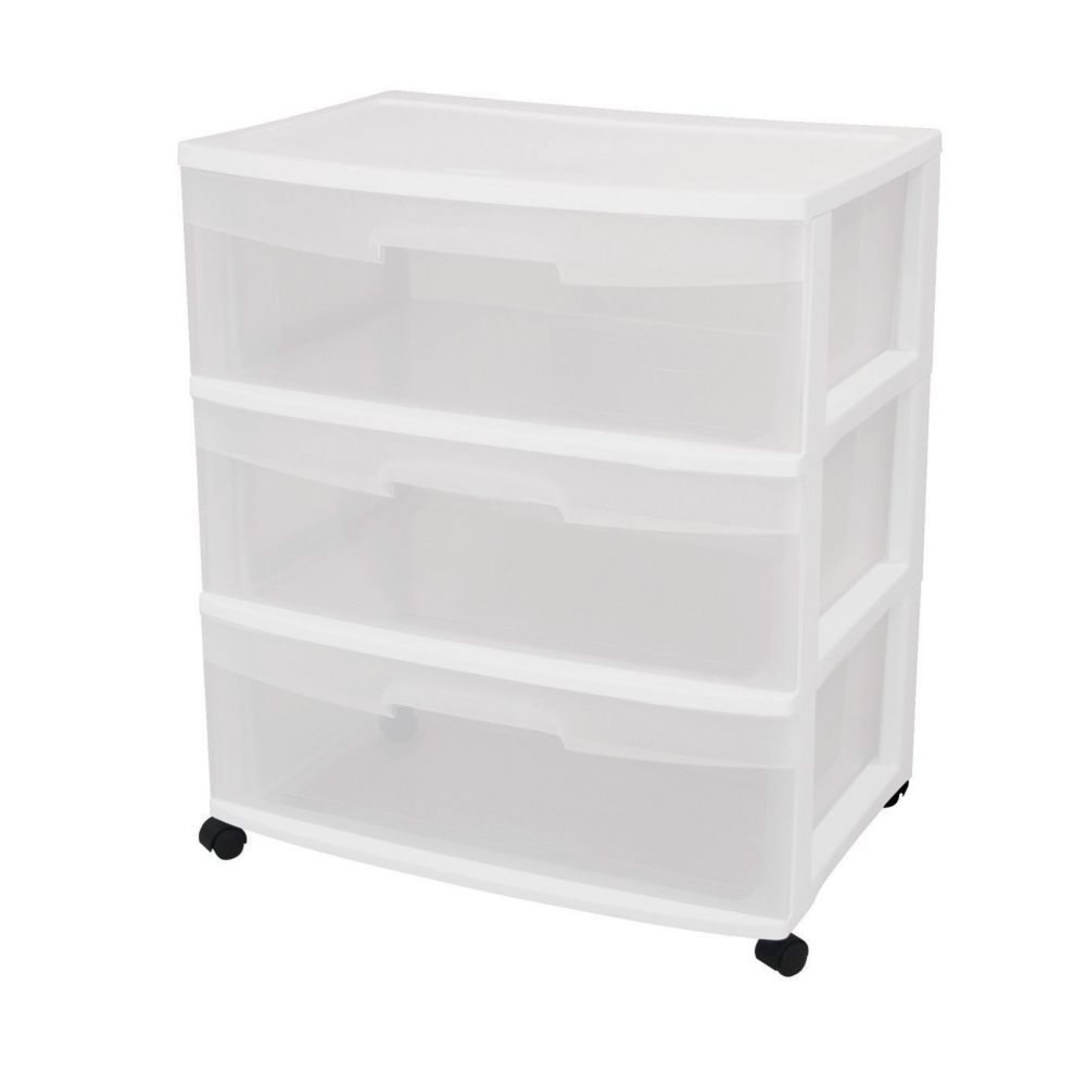 Sterilite 29308001 White 3Drawer Wide Cart Wasserstrom