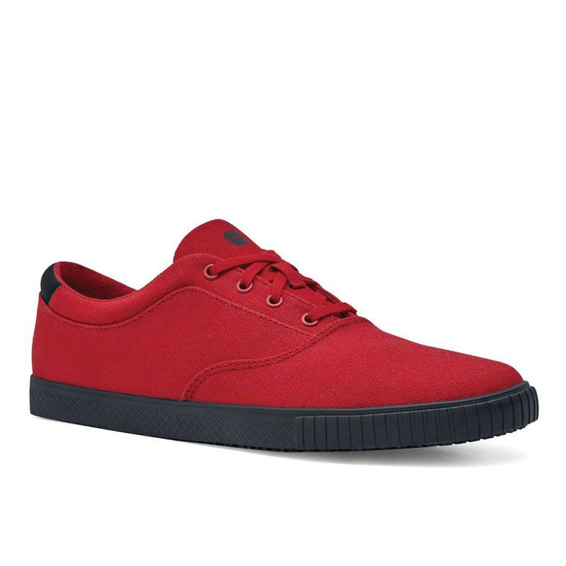 red slip on canvas shoes