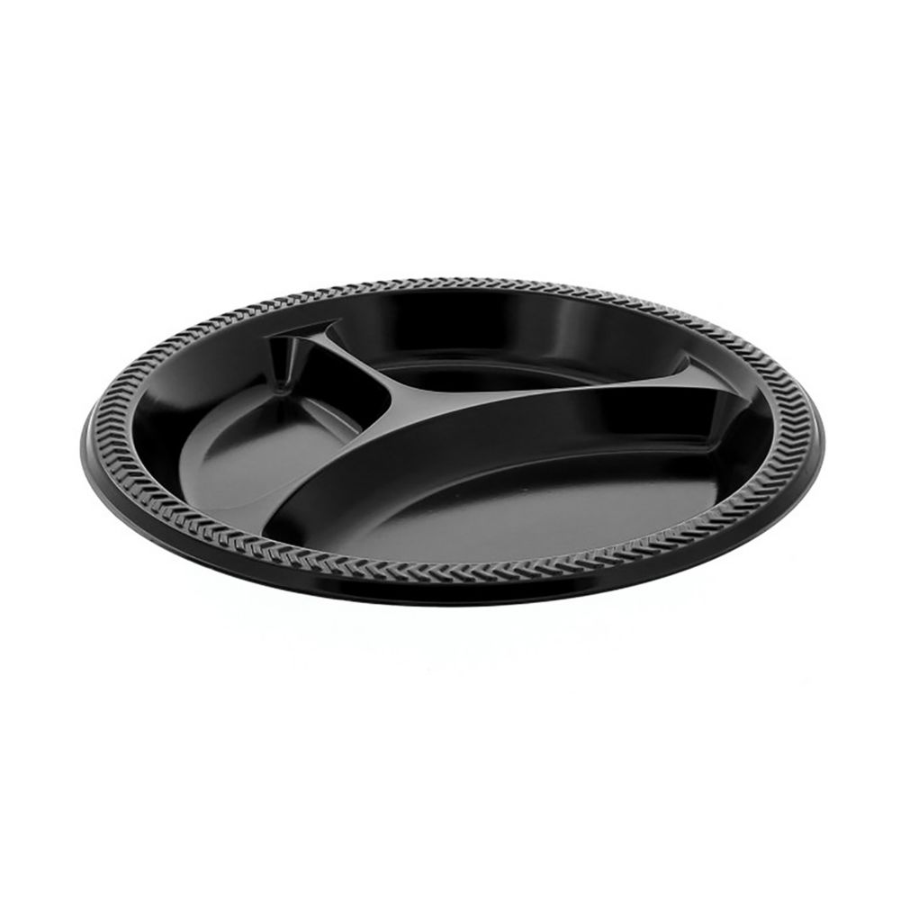 Bunzl MIC10EY Black Plastic 10.25" 3-Compartment Plate - 500 / CS