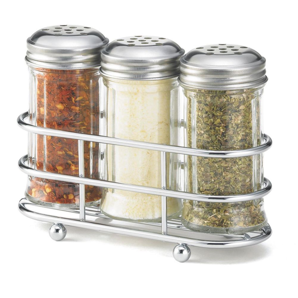 TableCraft 659N Glass 2 Oz. Condiment Dispenser Set with Rack Wasserstrom